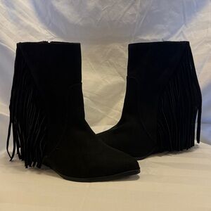 Carlos Black Suede Fringe Wedge Ankle Boots